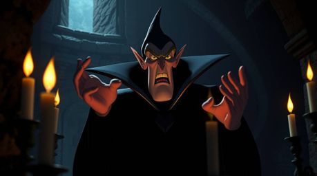A classic Disney villain with sharp features is depicted casting a spell within the aged walls of an old stone castle. Intens