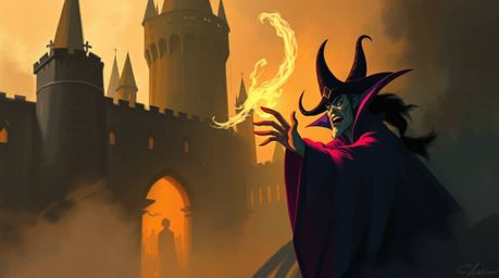 A dynamic digital sketch showcases a classic Disney villain casting a spell within an ancient castle. The artwork utilizes l