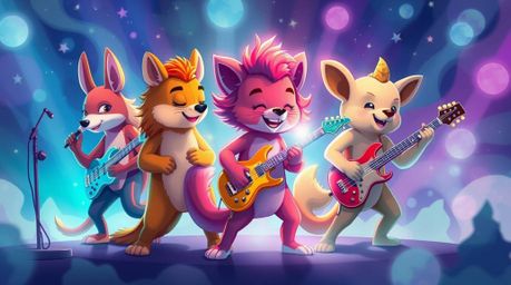 Experience the electrifying energy of a cartoon animal rock band!  This vibrant and mystical scene features a group of animat