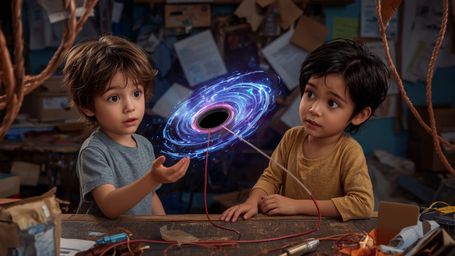 In a vibrant, high-contrast, cinematic photograph with a whimsical Pixar-inspired atmosphere, two enthusiastic science fair s