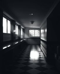 Capture a soft, dreamy atmosphere with contrasting chiaroscuro lighting and a black and white geometric pattern in an optical