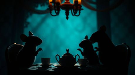 Immerse yourself in a luxurious and vibrant atmosphere with silhouetted anthropomorphic mice enjoying a cozy cottage tea part