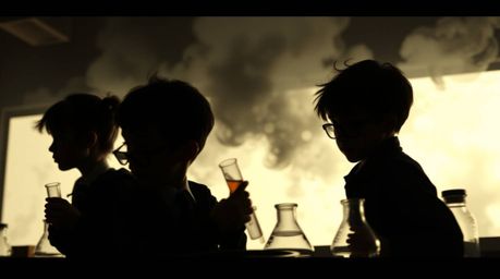 A captivating series of images featuring quirky children in school uniforms conducting science experiments.  The photos are c