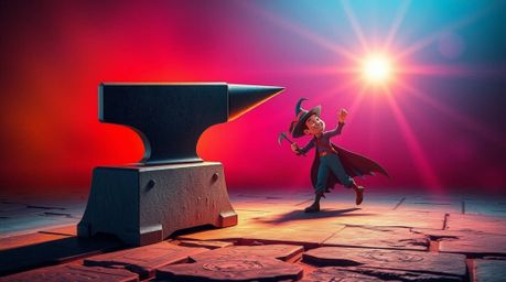 A vibrant photograph capturing a dynamic scene where an anvil is poised to strike a trickster character.  The image features 