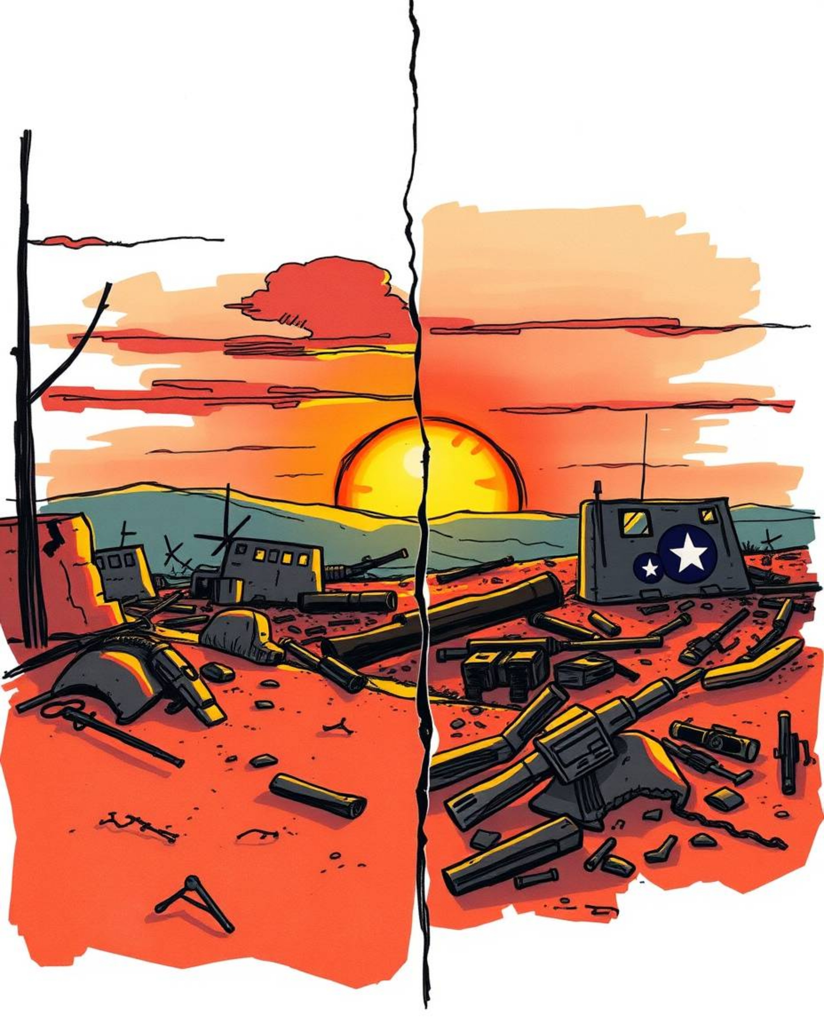 A captivating hand-drawn color sketchnote illustration depicts a poignant sunrise over a war-torn landscape. This distinct pi