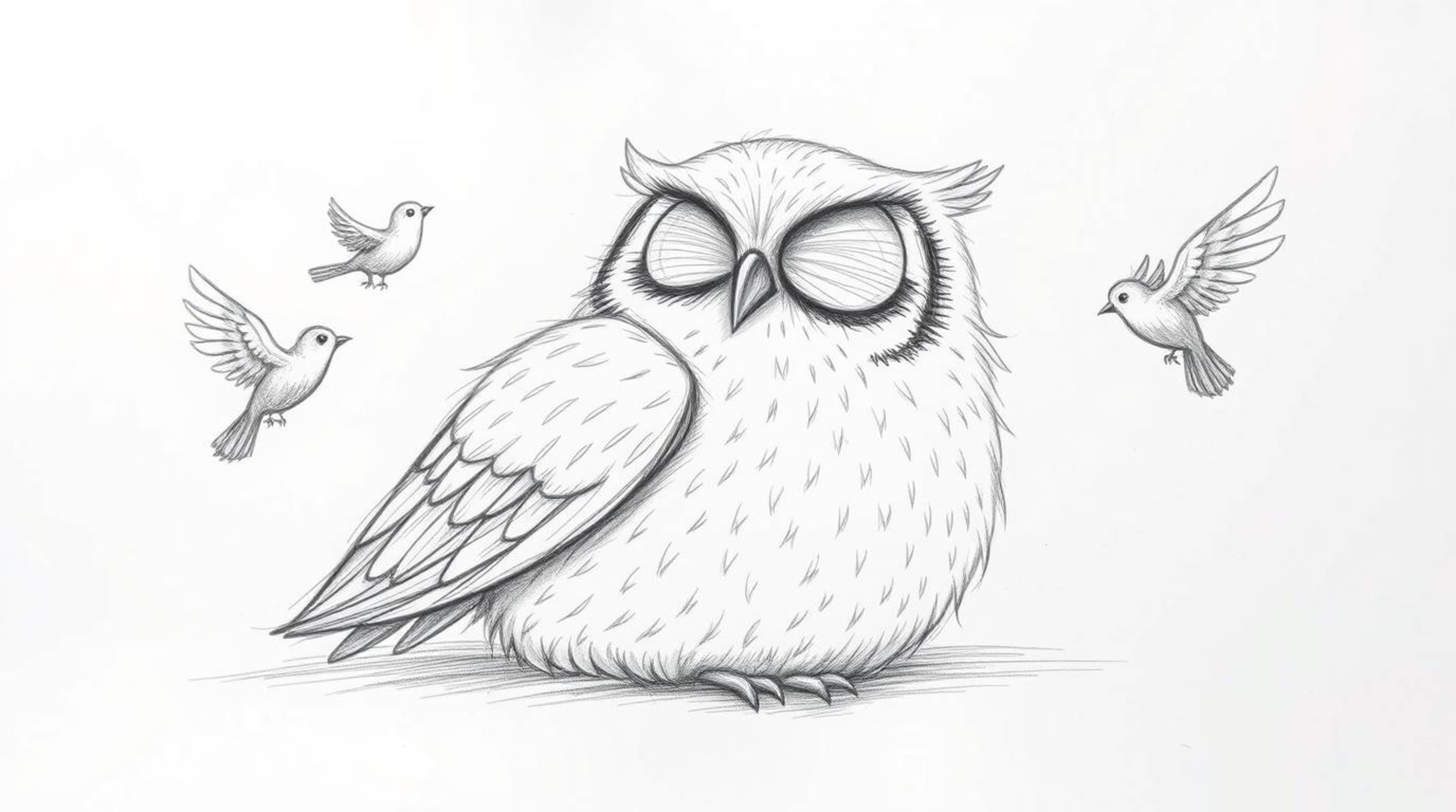 A heartwarming hand-drawn sketch reminiscent of Pixar, portrays a blind owl with incredibly soft, feathery details, serenely 