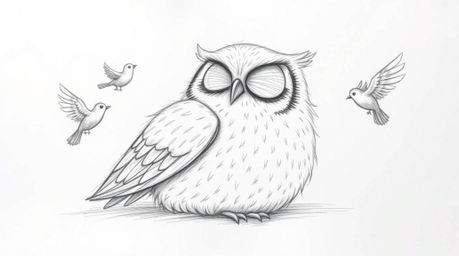 A heartwarming hand-drawn sketch reminiscent of Pixar, portrays a blind owl with incredibly soft, feathery details, serenely 