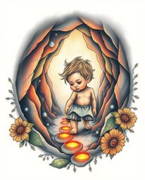 This traditional tattoo art print features a child with soft features following a trail of glowing footsteps into a cave. The