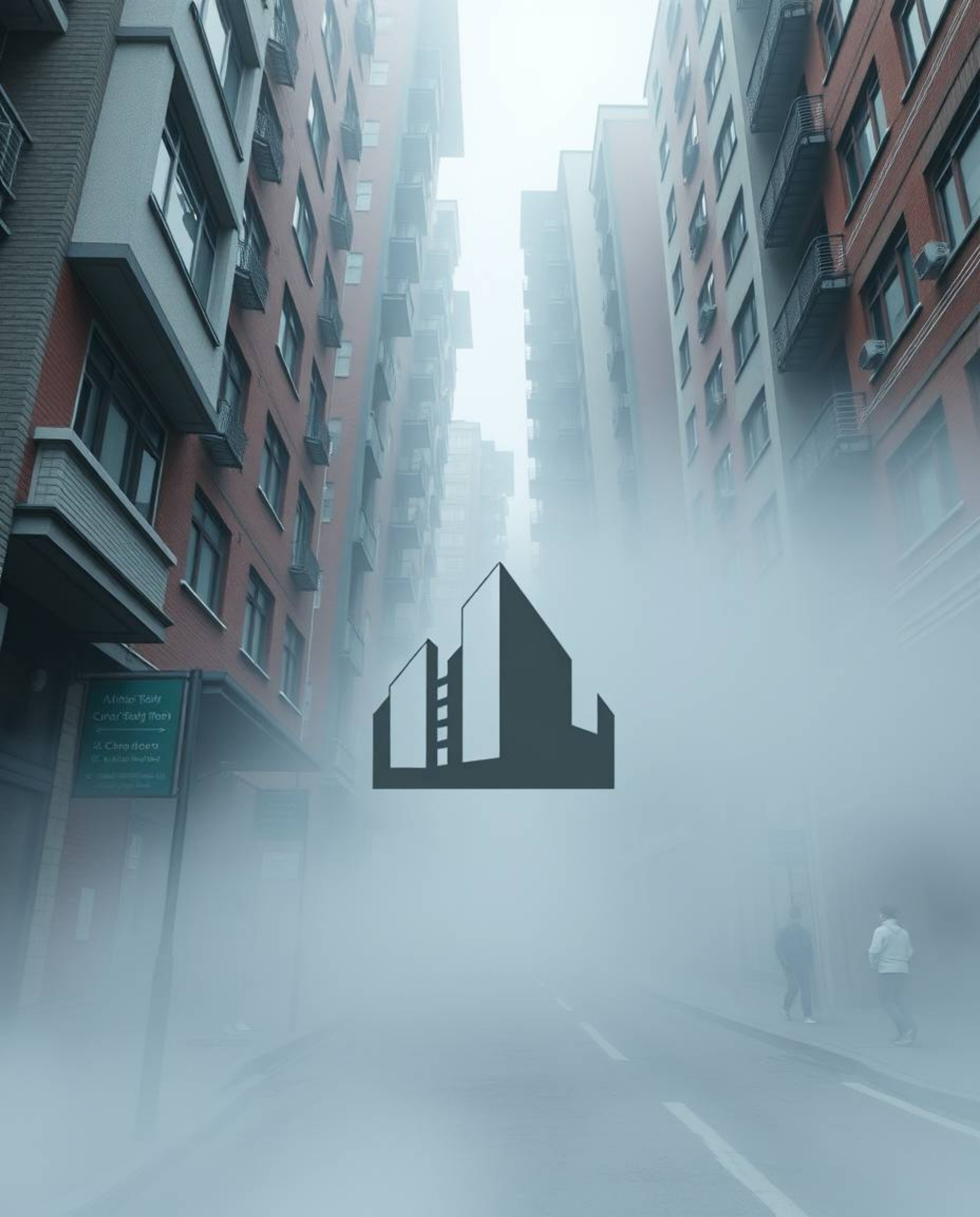 This image depicts a surreal street scene with buildings folding and twisting in a thick fog.  The low visibility enhances th