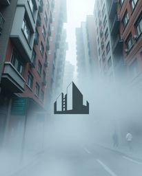 This image depicts a surreal street scene with buildings folding and twisting in a thick fog.  The low visibility enhances th