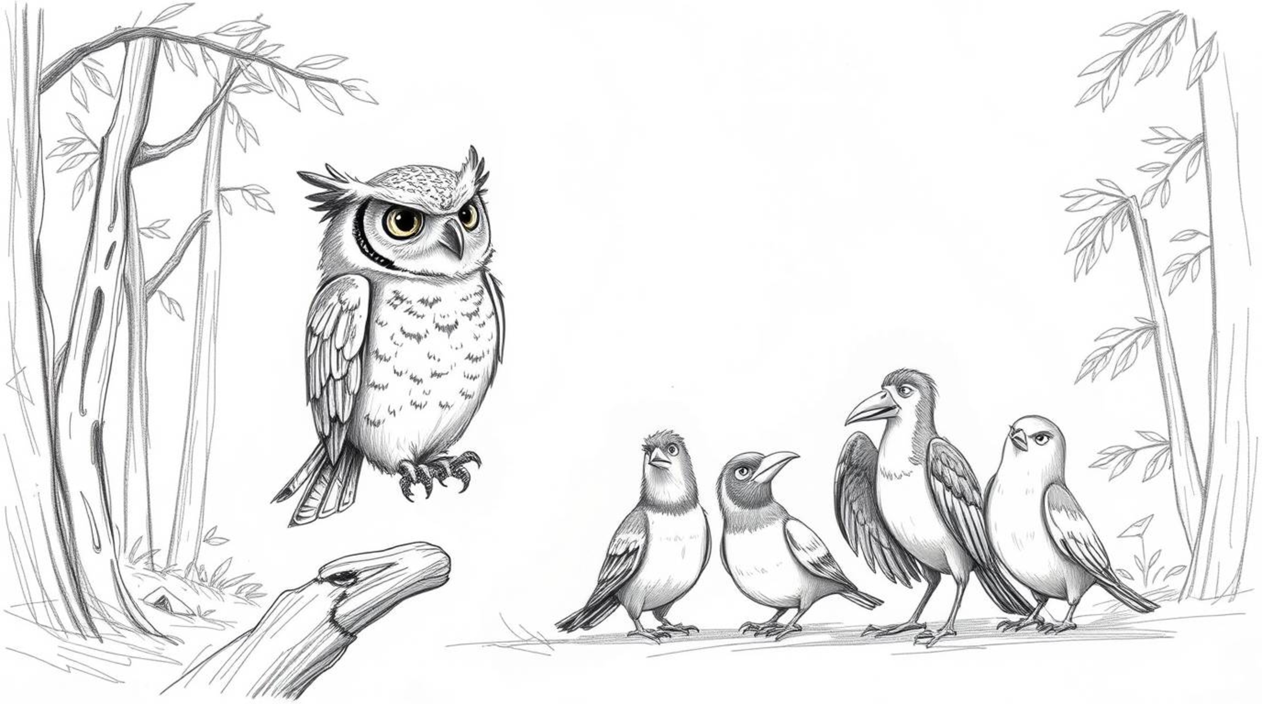 A charming hand-drawn sketch depicts a blind owl, its feathers meticulously detailed, teaching a diverse group of birds to fl