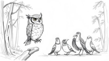 A charming hand-drawn sketch depicts a blind owl, its feathers meticulously detailed, teaching a diverse group of birds to fl