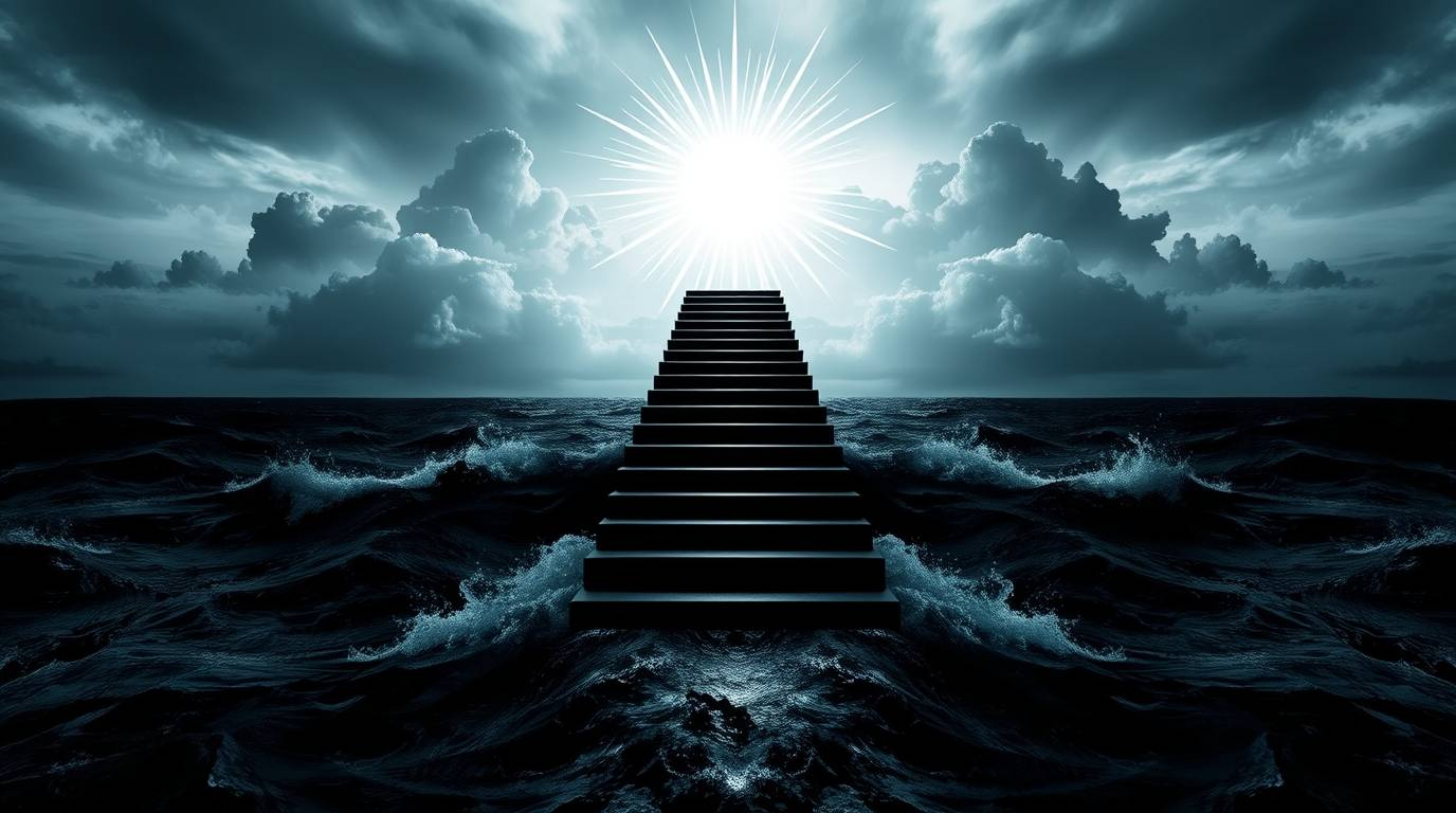 A striking black and white logo design featuring a dramatic staircase ascending from the ocean into a stormy sky illuminated 