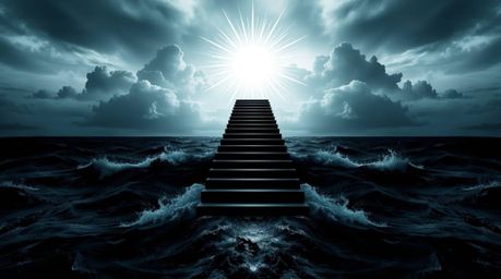 A striking black and white logo design featuring a dramatic staircase ascending from the ocean into a stormy sky illuminated 