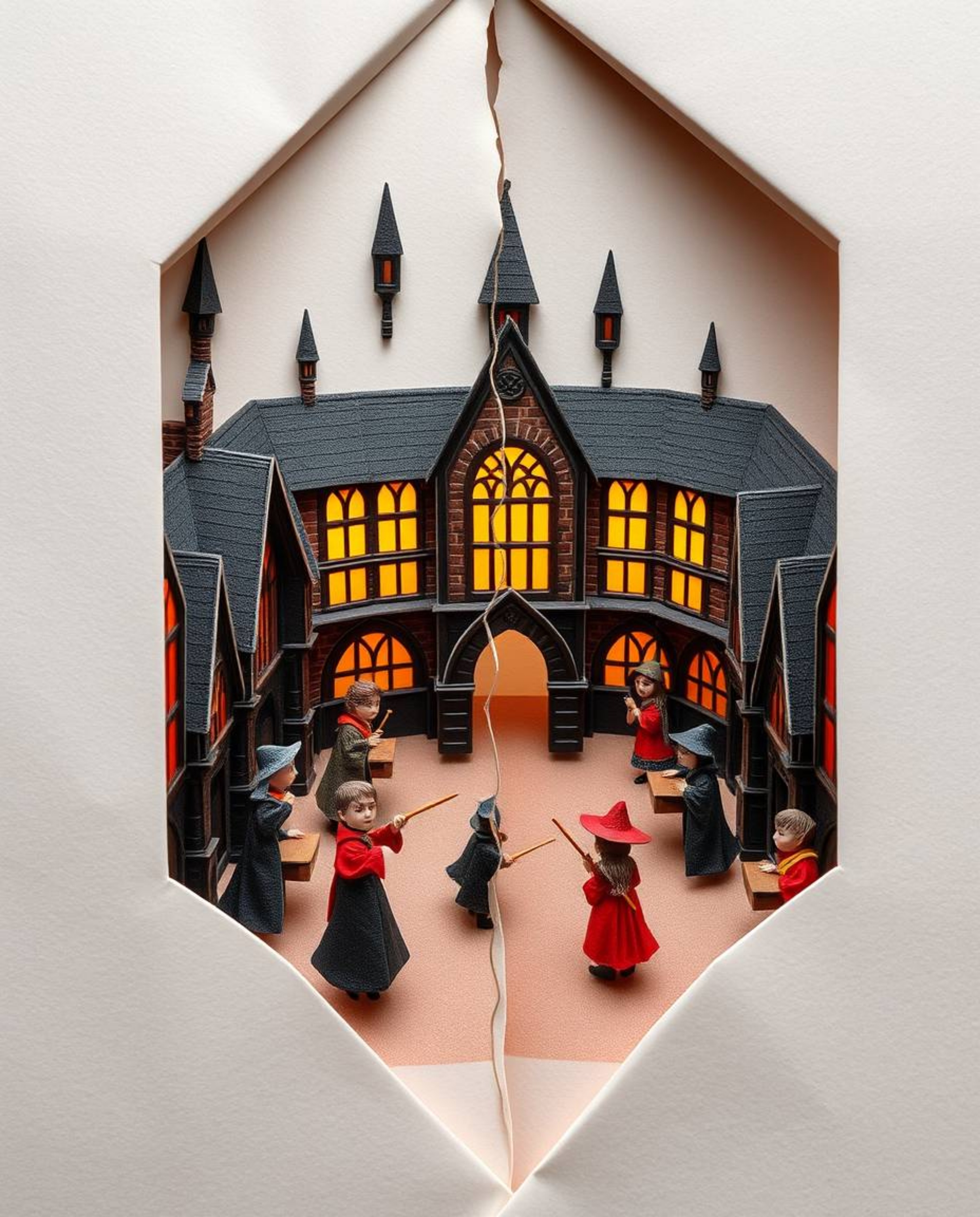 A captivating close-up shot showcases intricate origami art depicting a magical school brimming with young wizards.  The imag