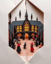 A captivating close-up shot showcases intricate origami art depicting a magical school brimming with young wizards.  The imag