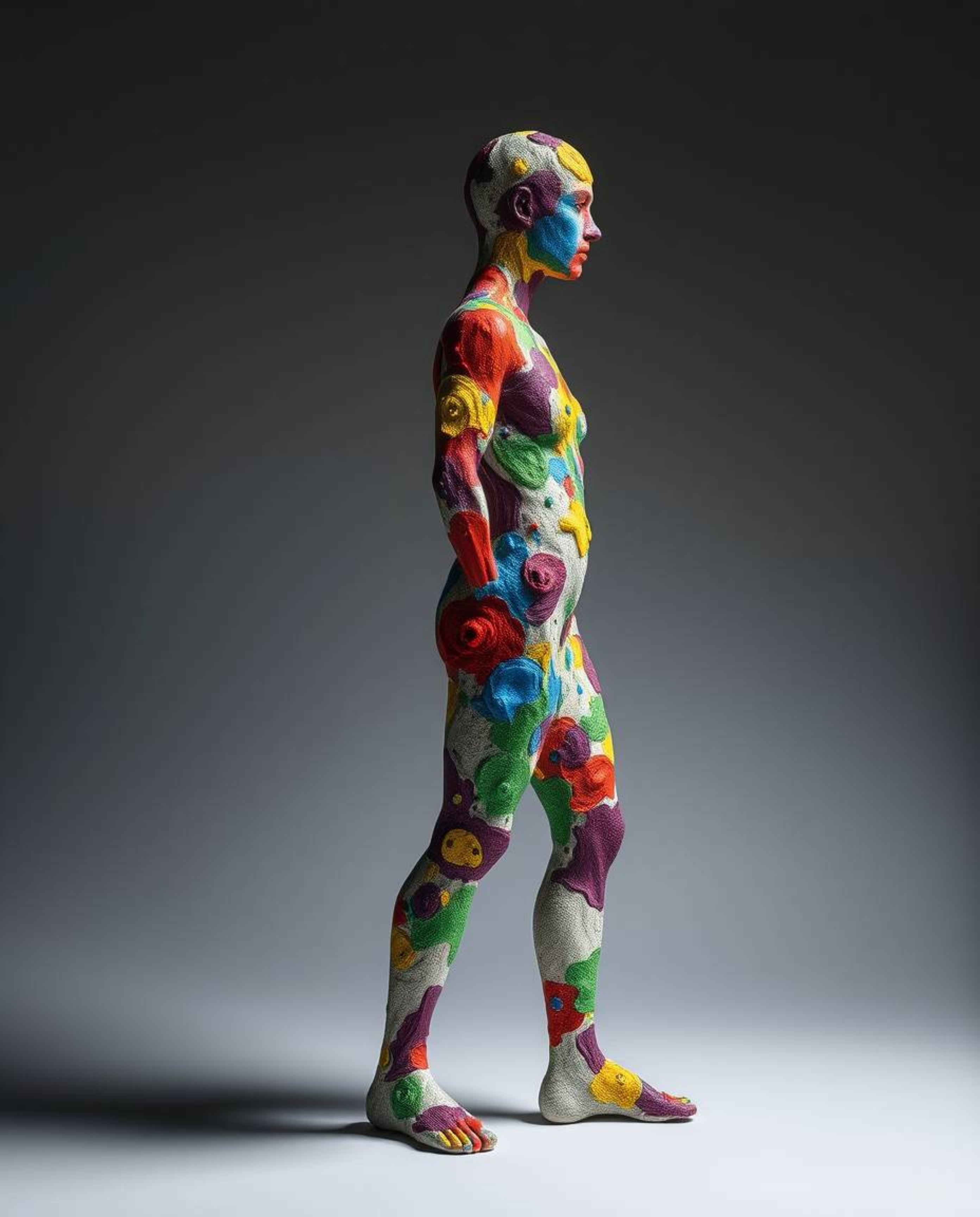 This artwork features a captivating human silhouette constructed from vibrant and dynamic splash patterns, rendered in a stro