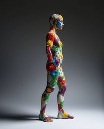 This artwork features a captivating human silhouette constructed from vibrant and dynamic splash patterns, rendered in a stro