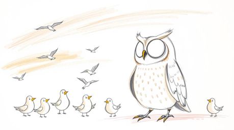 A whimsical hand-drawn sketch in the style of Pixar depicts a blind owl with gentle features teaching a classroom of flying b