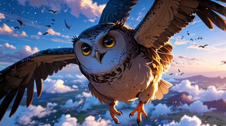 In a surreal and visually stunning scene that combines the imaginative flair of Pixar and anime, a wise blind owl leads its s