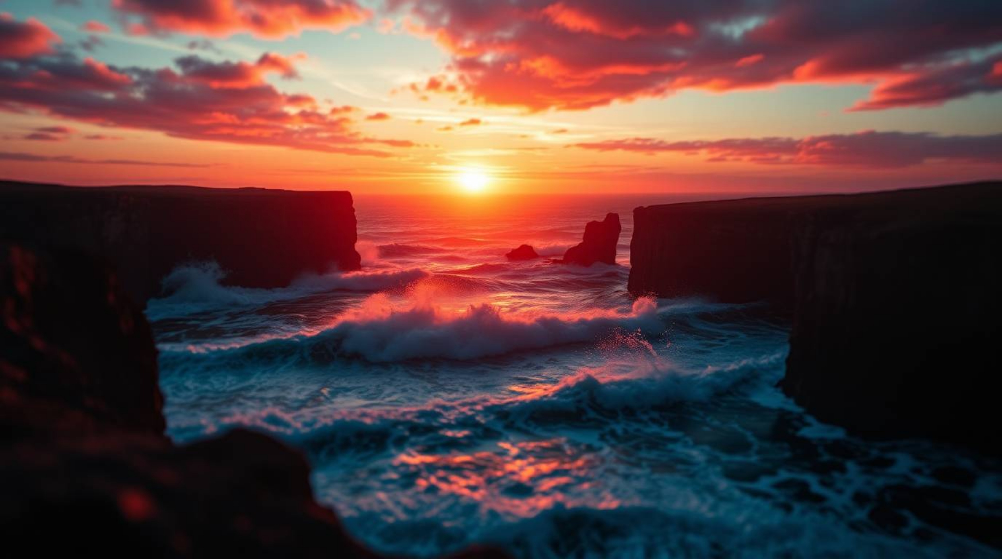 Experience a dreamlike surreal image saturated in rich burgundy and deep blue hues, featuring waves crashing against dramatic