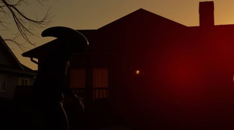 An alien, rendered in pure black with deep shadows, resides in a typical suburban house, bathed in the soft golden hour light