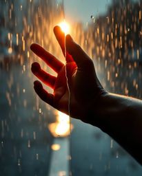 A captivating image depicts a hand reaching towards a light source, dramatically split in two, amidst a wet and rainy scene. 