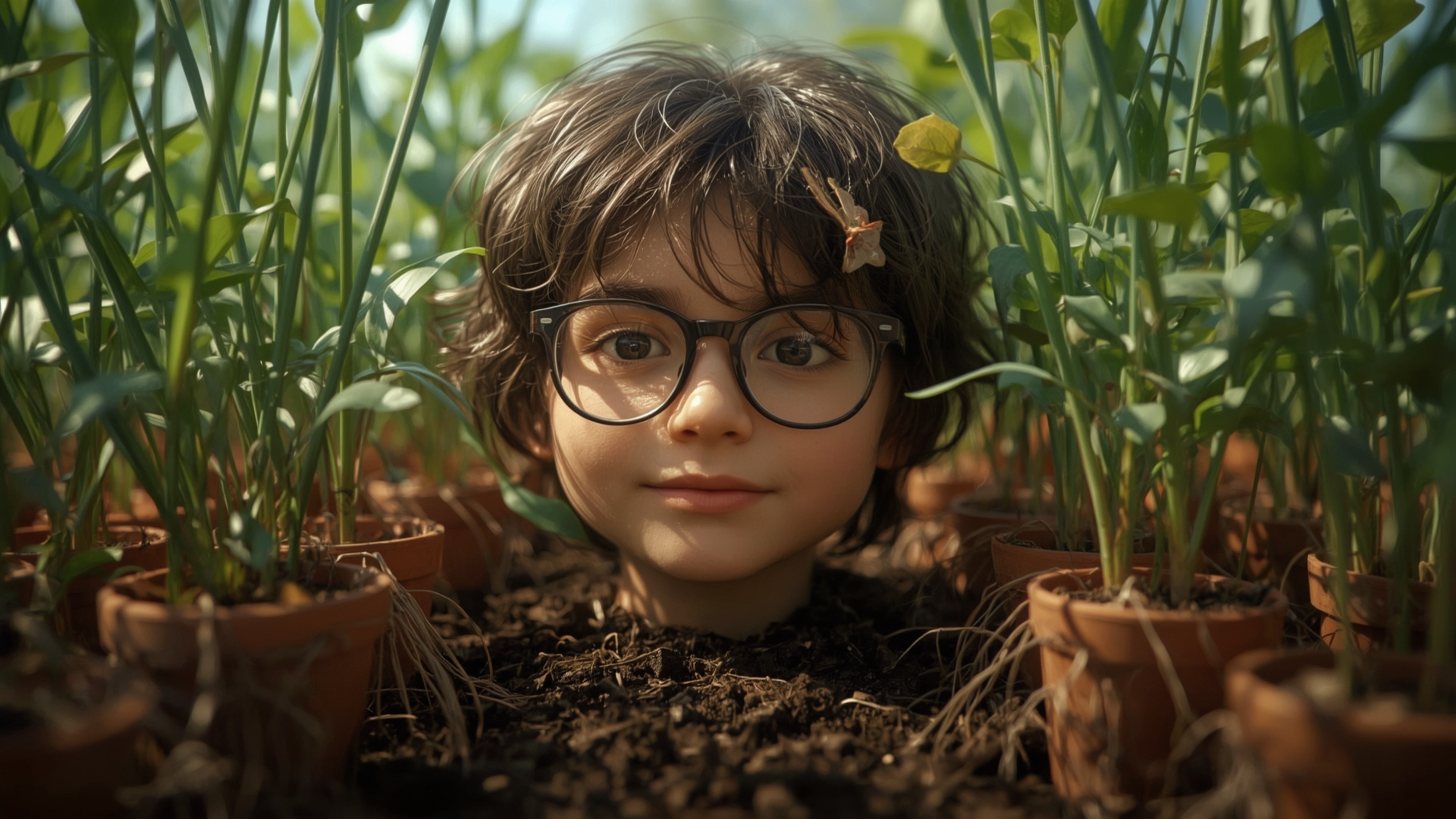 In a vibrant, whimsical photograph resembling a cinematic still, a gentle, bespectacled homeschooled genius with a curious ex