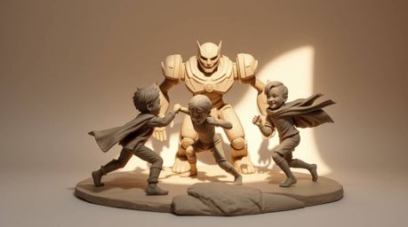 A captivating 3D rendered artwork showcases three superpowered children engaged in an epic battle against a towering robot.  