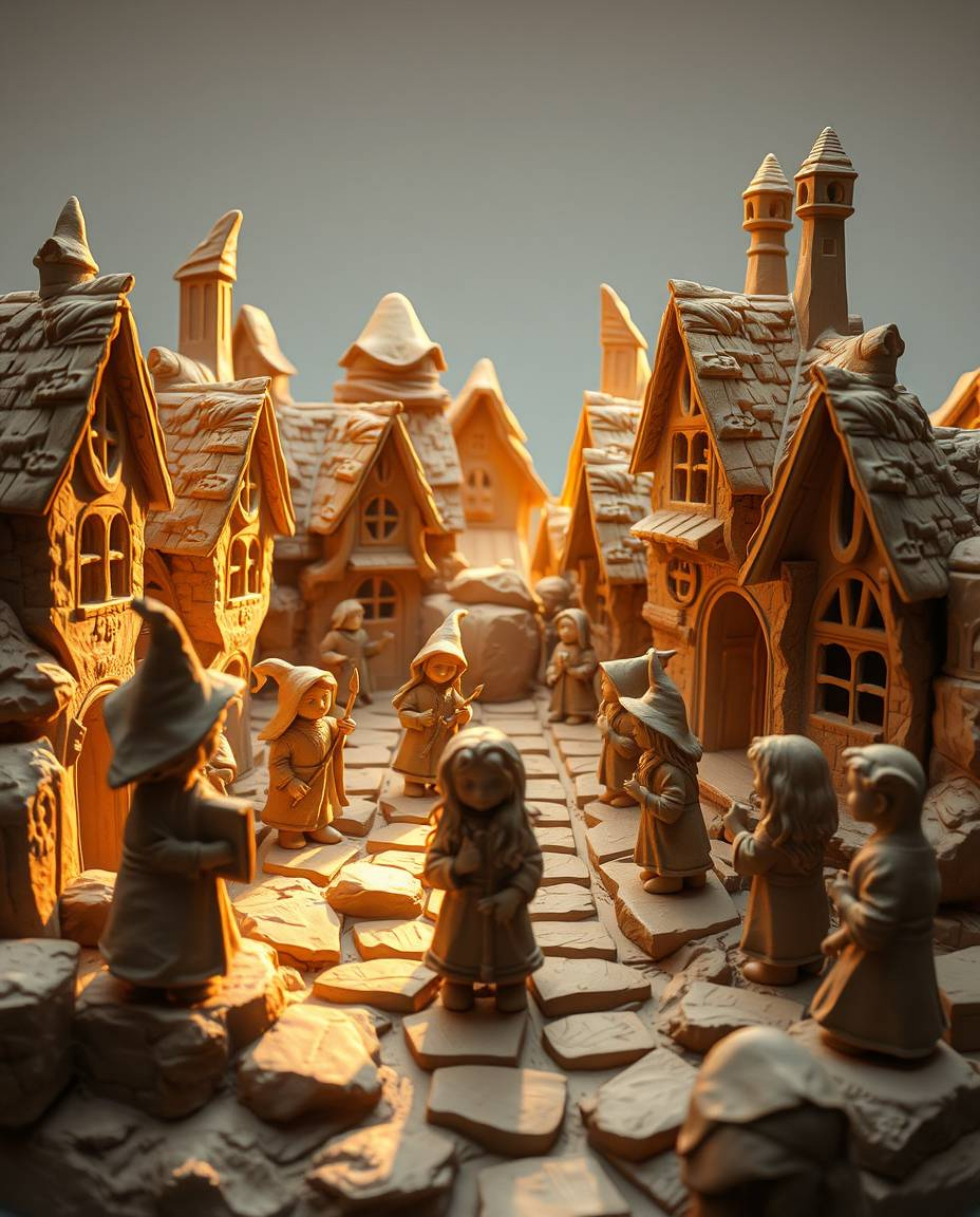 This captivating sculptural clay artwork depicts a magical school teeming with young wizards, all bathed in the warm and invi
