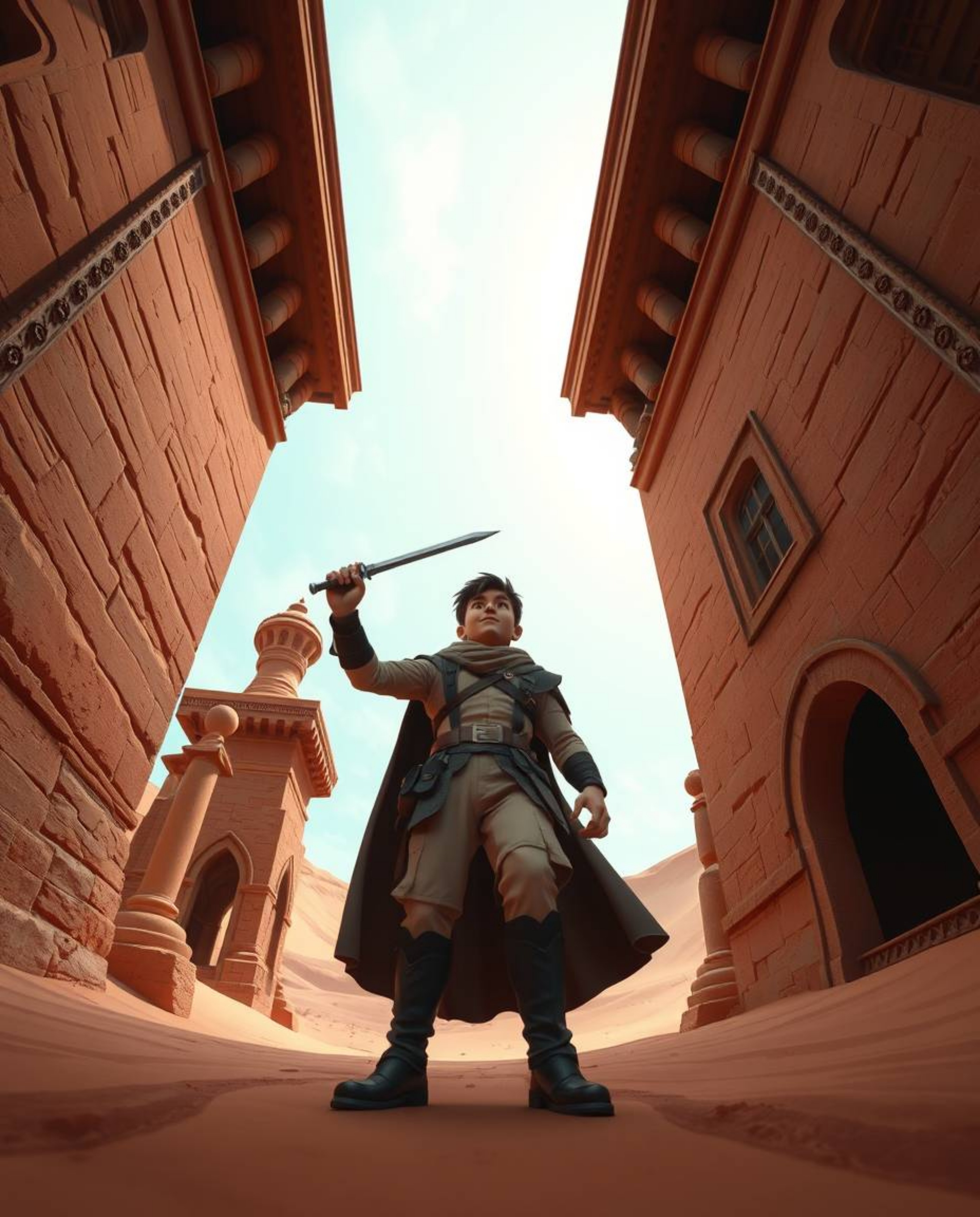 A captivating architectural photograph depicts a brave, Disney-esque hero embarking on a desert adventure. The image feature