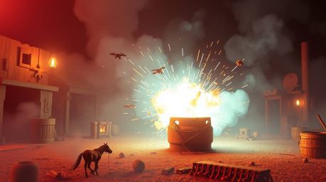 A captivating piece of light art reimagines the classic exploding TNT gag in a serene Wild West setting.  Soft pastel colors 