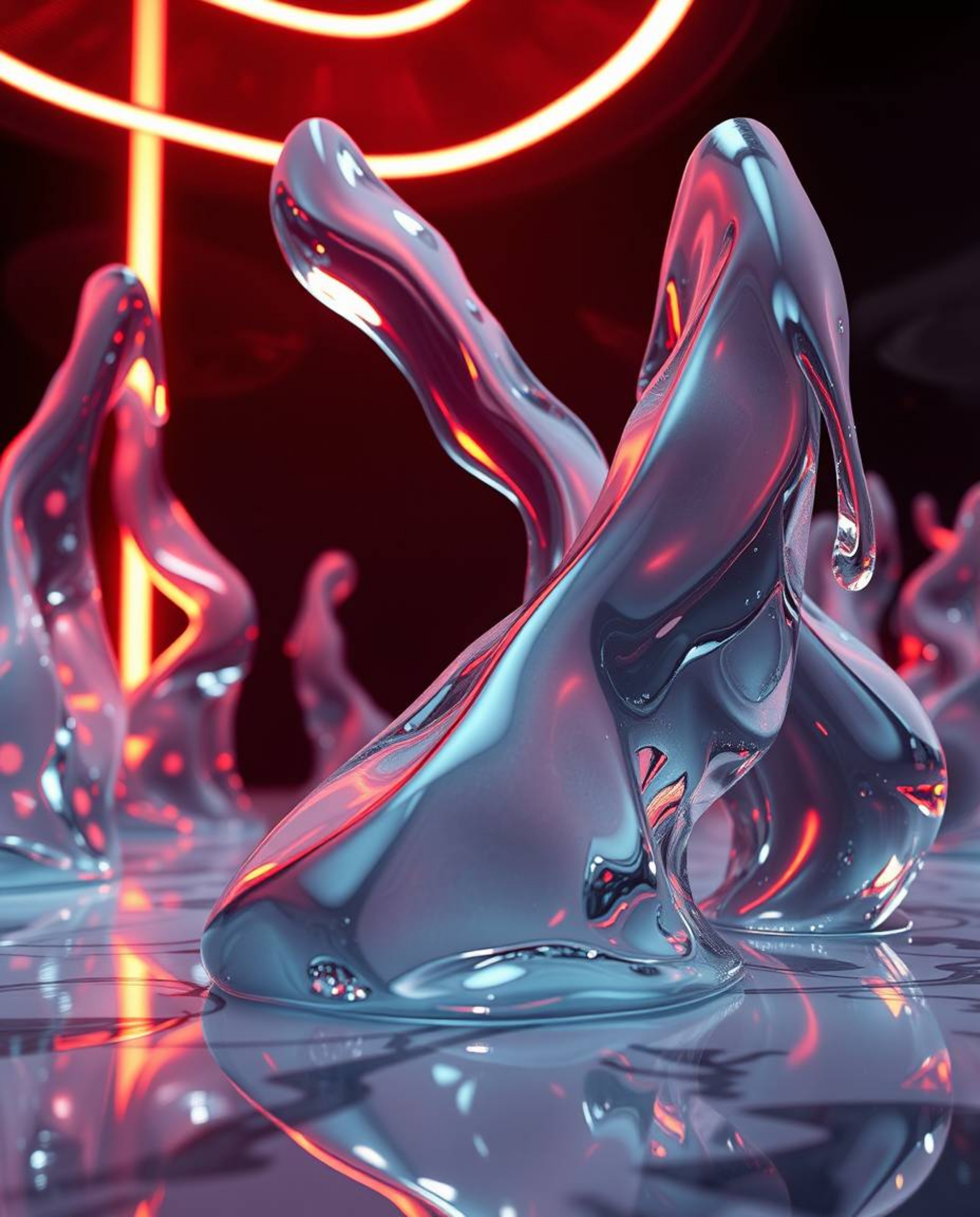 Explore captivating surreal 3D renders featuring elegant, graceful, and hyperrealistic melted glass shapes set within a high-