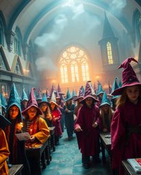 Explore a magical school teeming with young wizards, bathed in epic lens glow lighting and showcasing a modern, futuristic gr