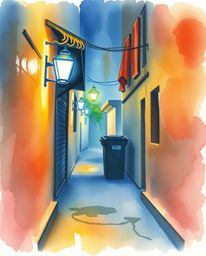 A delicate watercolor painting showcases eyes watching from the shadows of a night alley, rendered in electric vivid colors w