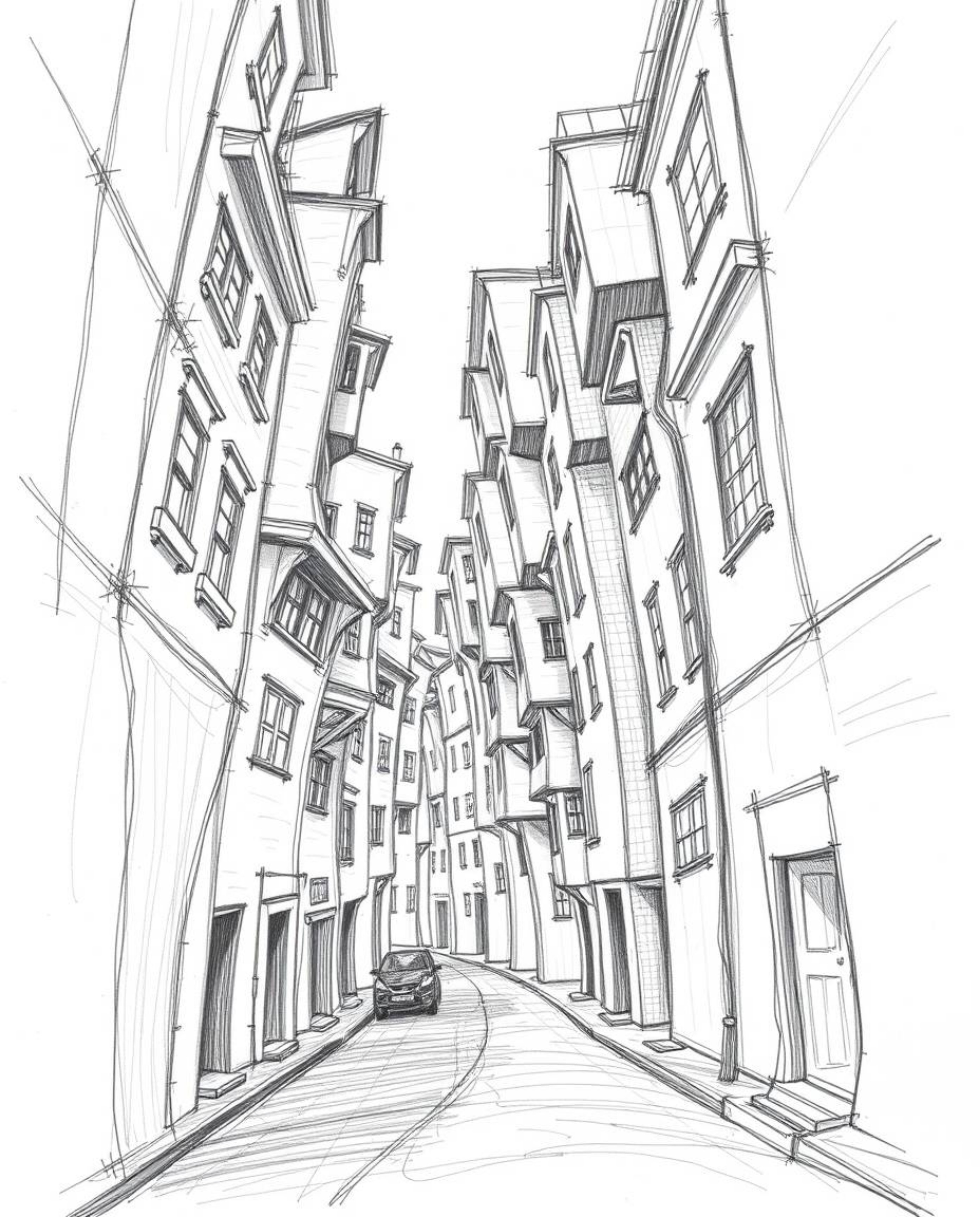 A captivating hand-drawn sketch depicts a surreal street scene where buildings fold and twist in unexpected ways.  Rendered i