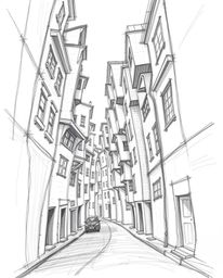 A captivating hand-drawn sketch depicts a surreal street scene where buildings fold and twist in unexpected ways.  Rendered i