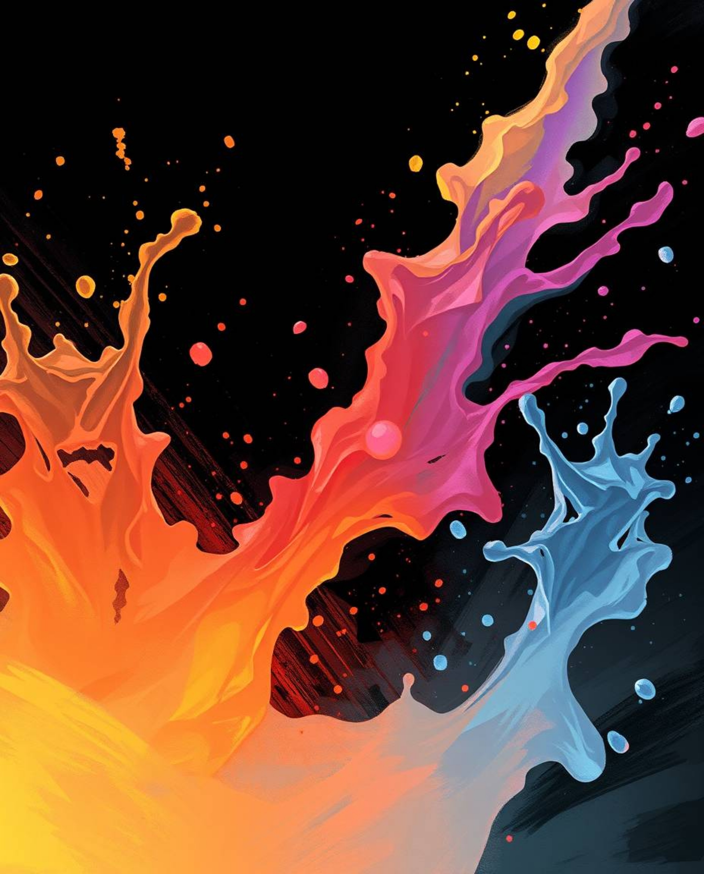 A soft, dreamy atmospheric digital sketch showcases dynamic colorful splashes frozen in motion against a stark black backgrou