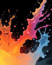A soft, dreamy atmospheric digital sketch showcases dynamic colorful splashes frozen in motion against a stark black backgrou