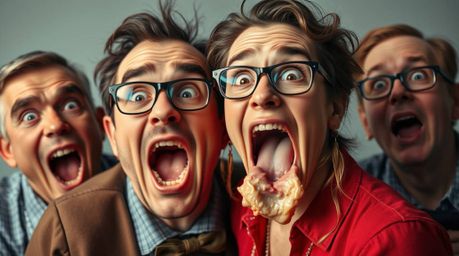 This high-resolution stock photo captures a hilarious gross-out comedy moment.  Characters display exaggerated expressions, e