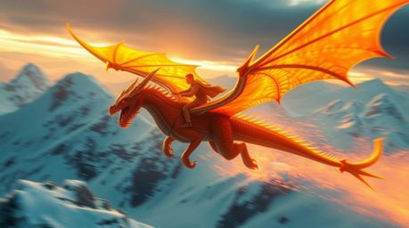 Witness a scene of breathtaking beauty as a dragon and rider soar above icy mountains, bathed in a warm golden glow. The dyna