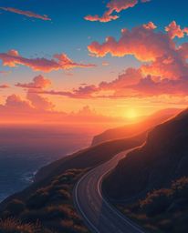 This is an Isekai anime depiction of a sunset over a winding coastal highway, transporting the viewer to a mystic and enchant