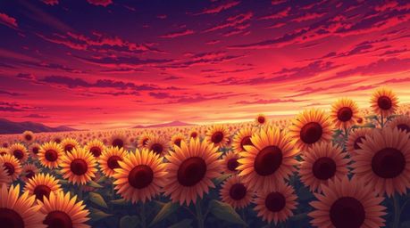 Discover a captivating isekai anime-style artwork featuring an adorable sunflower field bathed in the enchanting glow of a de