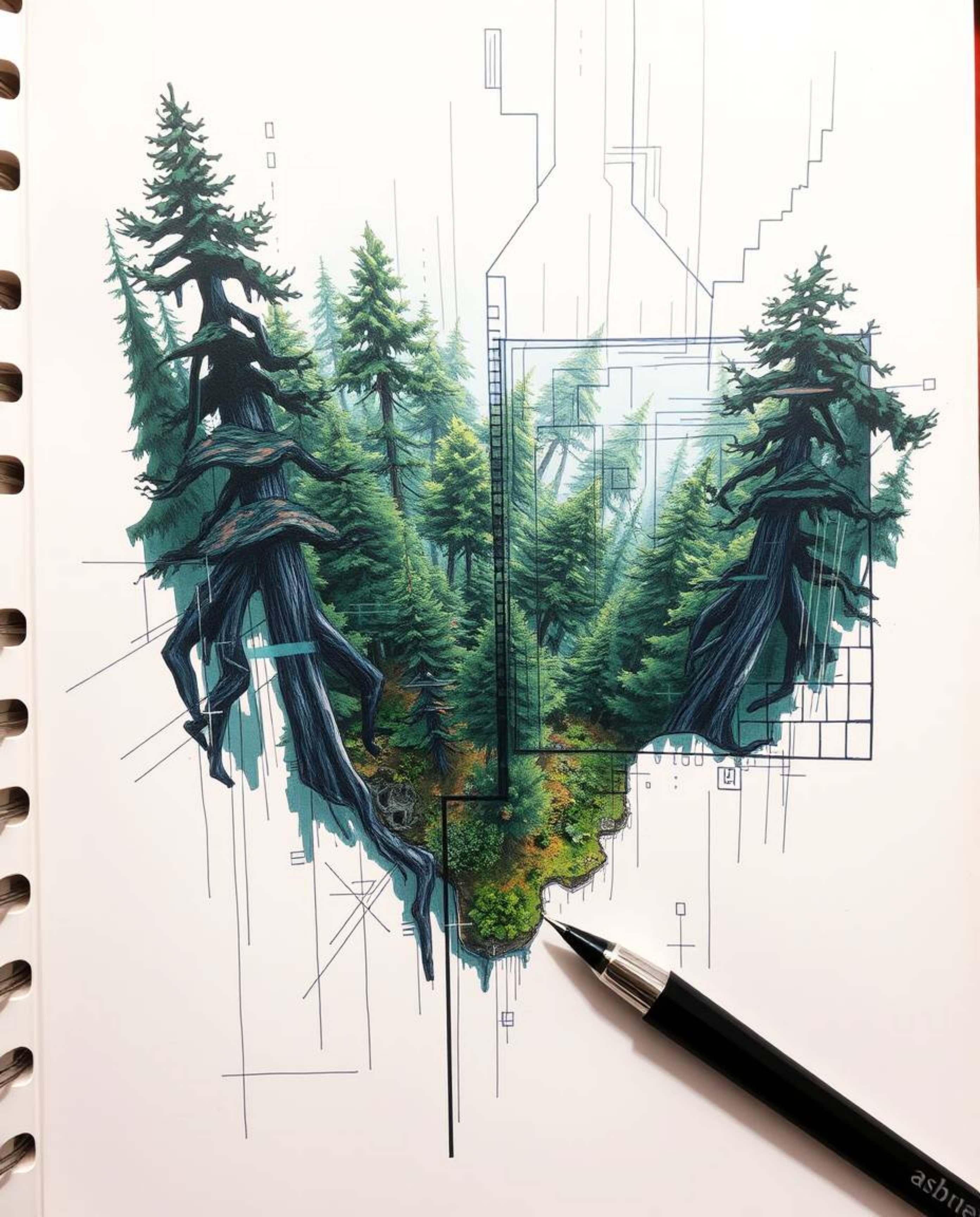 A captivating hand-drawn sketchnote showcases a high-angle view of a digital glitch effect superimposed on a lush forest scen