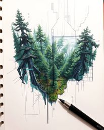 A captivating hand-drawn sketchnote showcases a high-angle view of a digital glitch effect superimposed on a lush forest scen