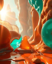 Explore a hyperrealistic 3D rendering showcasing surreal, melted glass shapes within a vibrant sci-fi environment. Dominated 