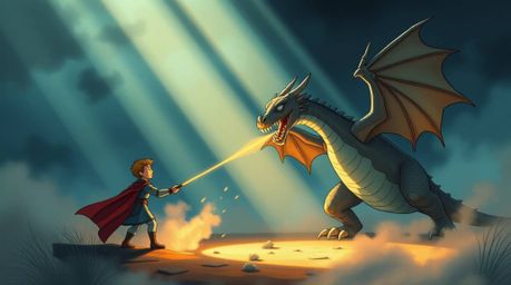 A charming prince battles a fearsome dragon in a stunning 1950s animation style, complete with volumetric lighting effects. V