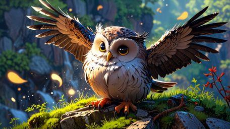 A serene and beautifully rendered scene, created in a blend of Pixar and anime styles. A wise blind owl is shown sitting peac