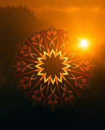 A dramatic cinematic film still capturing a geometric floral mandala in vibrant colors. The symmetric design is bathed in war