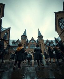 Captured from a low angle, this image portrays a magical school teeming with young wizards on a wet, rainy day. The drizzling